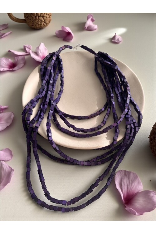 Koyu Mor Tahta Otantik Sekiz Sıra Kolye