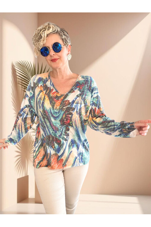 Kuffo İtalyan Renkli Baskı Desen Triko Bluz