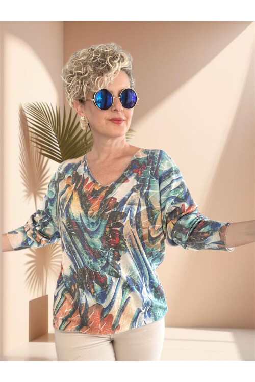 Kuffo İtalyan Renkli Baskı Desen Triko Bluz