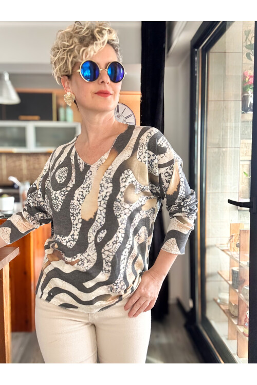 Kuffo İtalyan Şerit Baskı Desen Triko Bluz