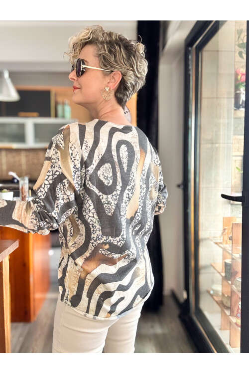 Kuffo İtalyan Şerit Baskı Desen Triko Bluz