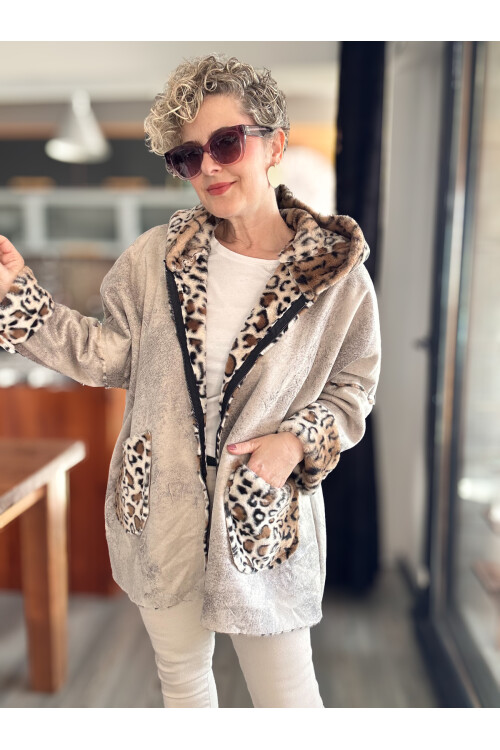 Lappe Leopar Desen İçi Polar Nubuk Kaban Bej