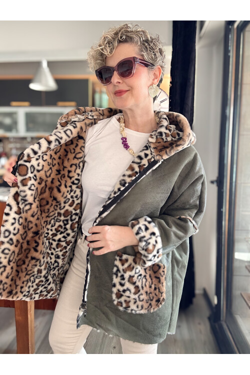 Lappe Leopar Desen İçi Polar Nubuk Kaban Haki