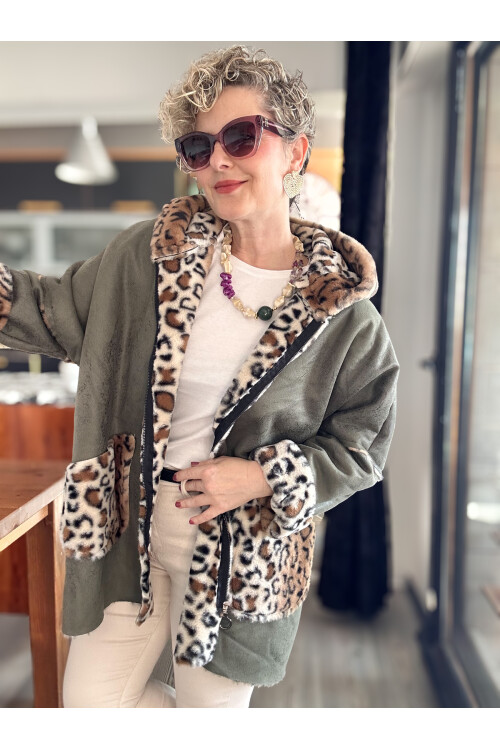 Lappe Leopar Desen İçi Polar Nubuk Kaban Haki