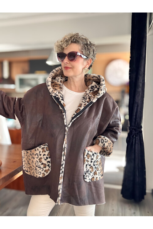 Lappe Leopar Desen İçi Polar Nubuk Kaban Kahverengi