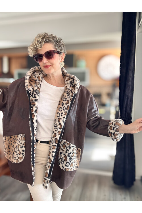Lappe Leopar Desen İçi Polar Nubuk Kaban Kahverengi