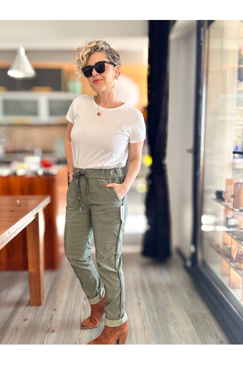 Lecce İtalyan Sihirli İnce Taş Şerit Detay Pantalon Haki