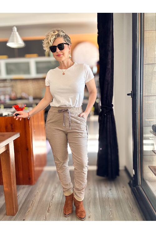 Lecce İtalyan Sihirli İnce Taş Şerit Detay Pantalon Vizon
