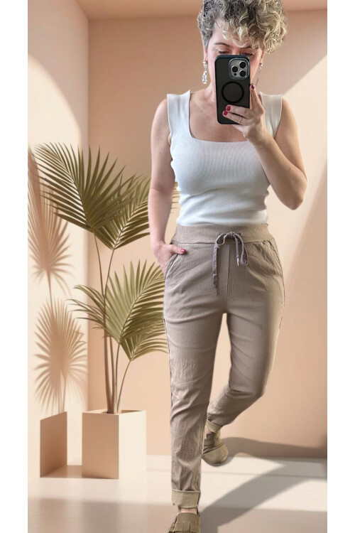 Lecce İtalyan Sihirli İnce Taş Şerit Detay Pantalon Vizon