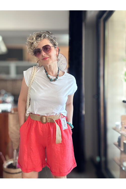 Lenasso İtalyan Stil Hasır Kemerli Keten Şort Mercan