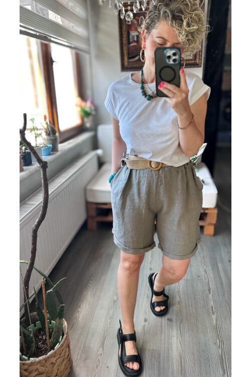 Lenasso İtalyan Stil Hasır Kemerli Keten Şort Vizon