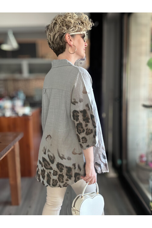 Lenna Leopar Desen Tasarım Gömlek Bluz Açık Gri