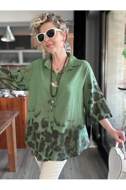 Lenna Leopar Desen Tasarım Gömlek Bluz Haki