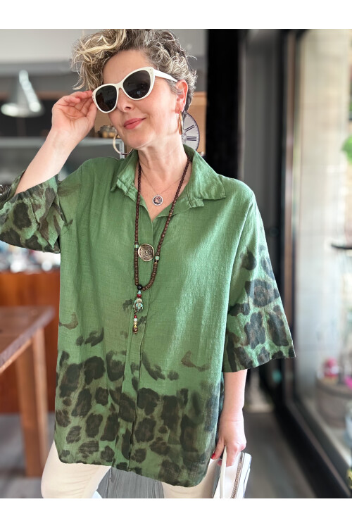 Lenna Leopar Desen Tasarım Gömlek Bluz Haki