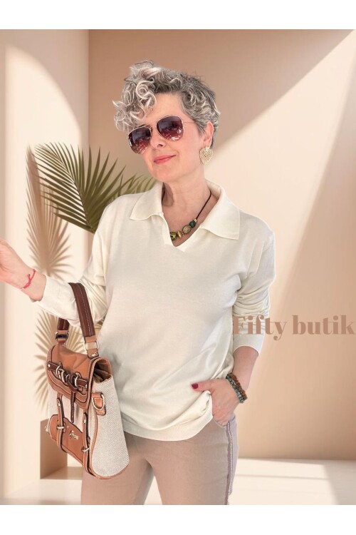 Lerso Polo Yaka Tasarım Triko Bluz Ekru