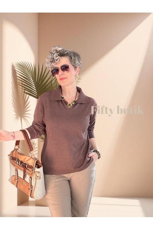 Lerso Polo Yaka Tasarım Triko Bluz Kahve