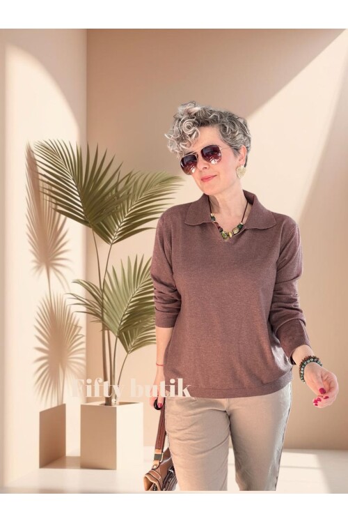 Lerso Polo Yaka Tasarım Triko Bluz Kahve