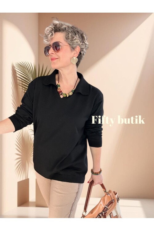 Lerso Polo Yaka Tasarım Triko Bluz Siyah