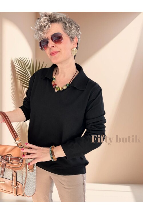Lerso Polo Yaka Tasarım Triko Bluz Siyah