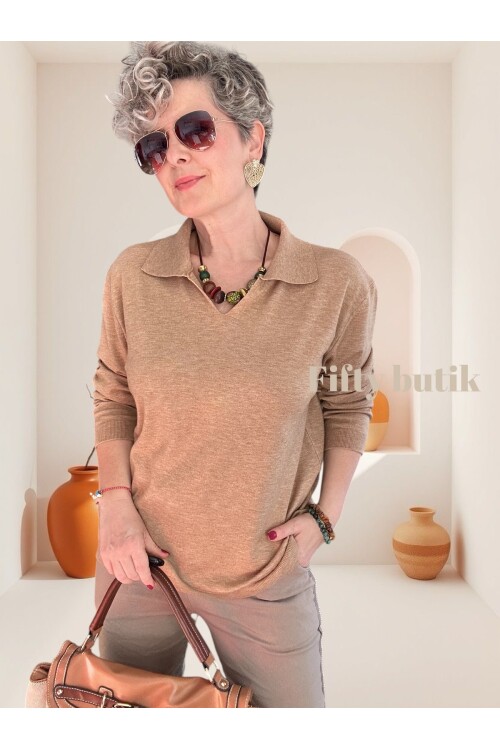 Lerso Polo Yaka Tasarım Triko Bluz Vizon