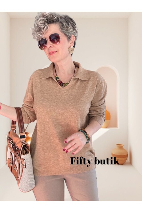 Lerso Polo Yaka Tasarım Triko Bluz Vizon