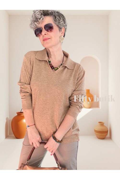 Lerso Polo Yaka Tasarım Triko Bluz Vizon