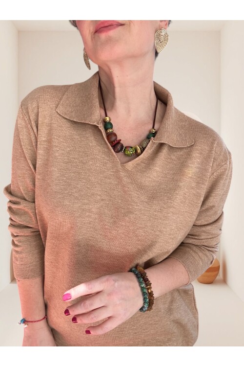 Lerso Polo Yaka Tasarım Triko Bluz Vizon