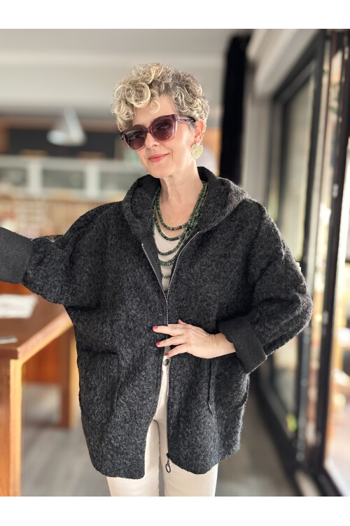 Lilly İtalyan Booklet Kapşonlu Fermuarlı Mont Açık Siyah