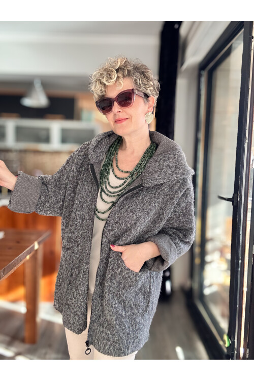 Lilly İtalyan Booklet Kapşonlu Fermuarlı Mont Gri