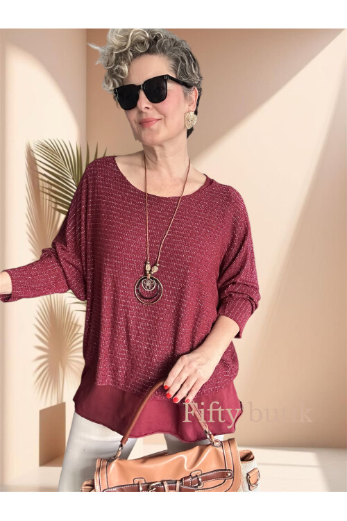 Lippa İthal Simli Düz Desen Kolyeli Triko Bluz Bordo