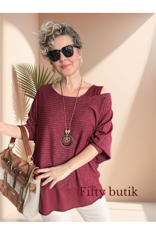 Lippa İthal Simli Düz Desen Kolyeli Triko Bluz Bordo