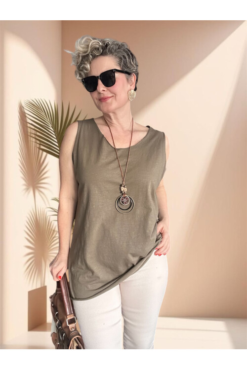 Lippa İthal Simli Düz Desen Kolyeli Triko Bluz Haki Yeşil