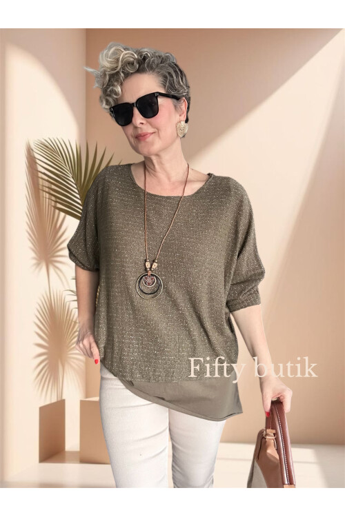 Lippa İthal Simli Düz Desen Kolyeli Triko Bluz Haki Yeşil