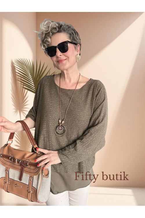 Lippa İthal Simli Düz Desen Kolyeli Triko Bluz Haki Yeşil