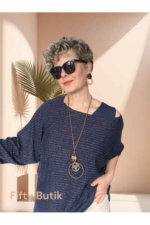 Lippa İthal Simli Düz Desen Kolyeli Triko Bluz Lacivert