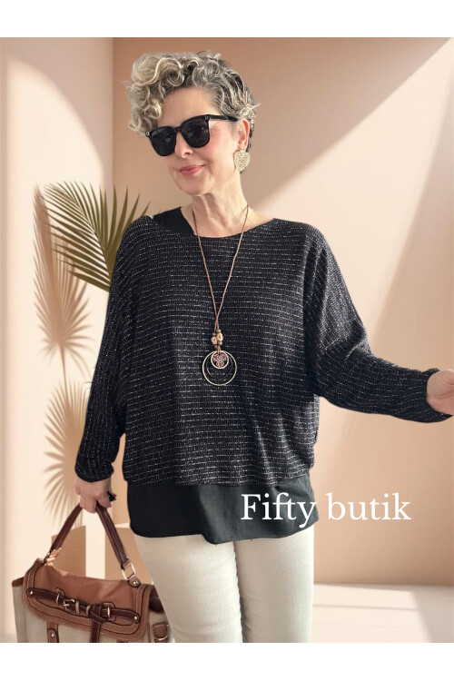 Lippa İthal Simli Düz Desen Kolyeli Triko Bluz Siyah