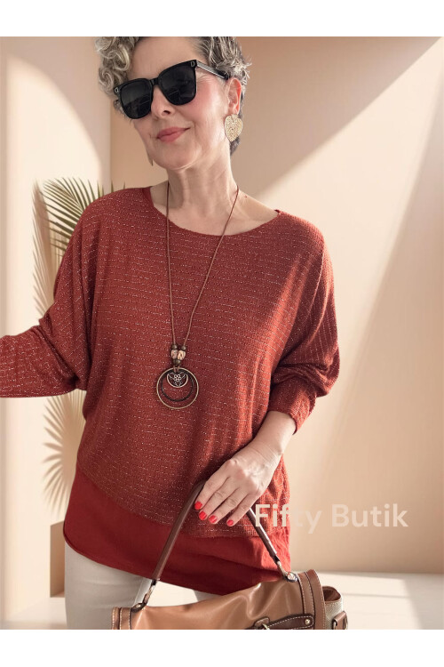 Lippa İthal Simli Düz Desen Kolyeli Triko Bluz Tarçın