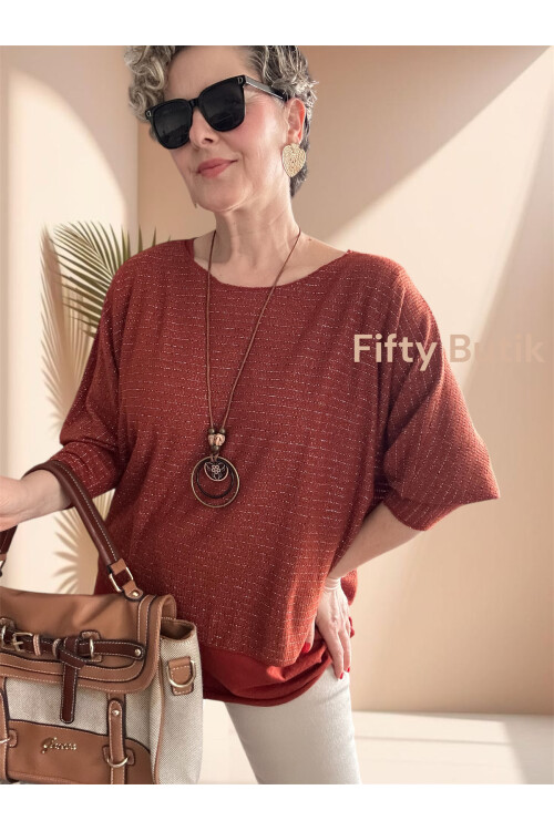 Lippa İthal Simli Düz Desen Kolyeli Triko Bluz Tarçın
