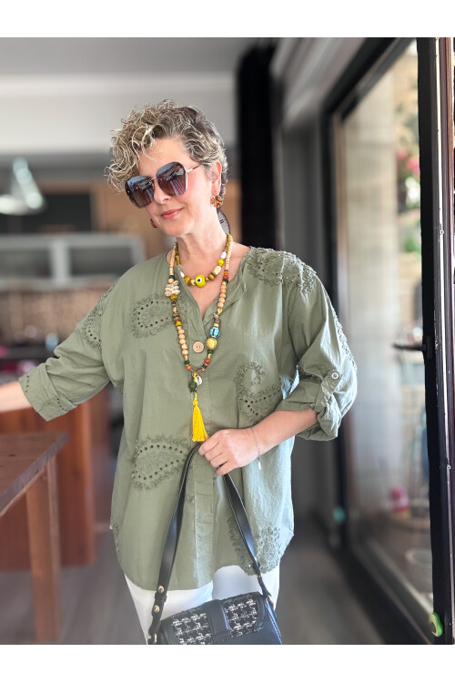 Lizza İtalyan Fisto Tahta Düğme Detay Gömlek Haki