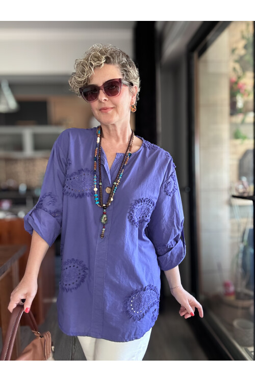 Lizza İtalyan Fisto Tahta Düğme Detay Gömlek Mor