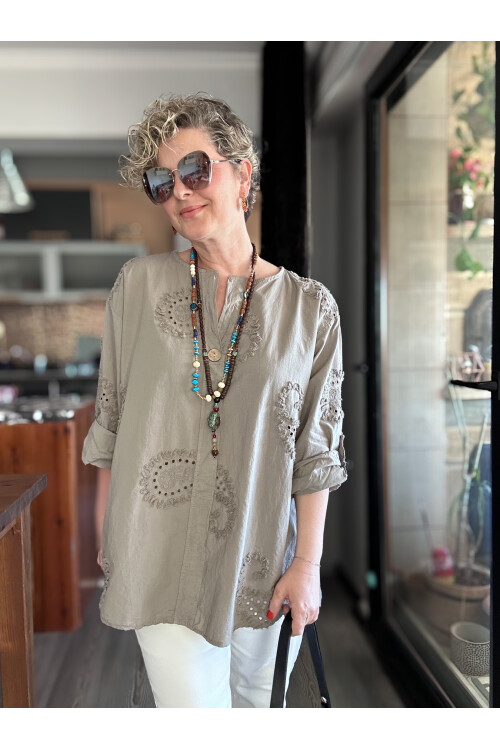 Lizza İtalyan Fisto Tahta Düğme Detay Gömlek Vizon