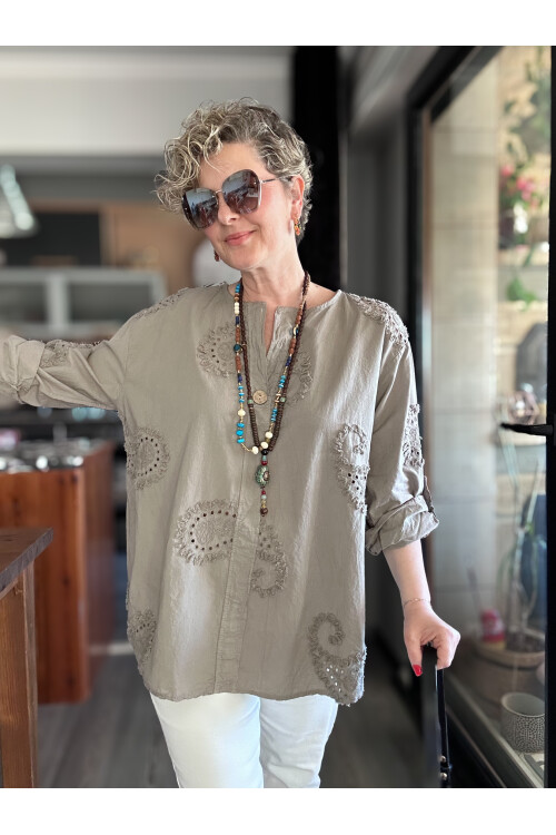 Lizza İtalyan Fisto Tahta Düğme Detay Gömlek Vizon