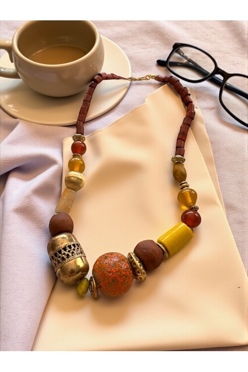 Luno Pirinç Cam Etnik Kolye