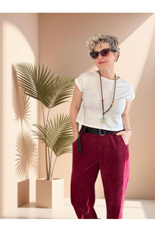 Luppo İtalyan Şönil Kemerli Havuç Pantolon Bordo