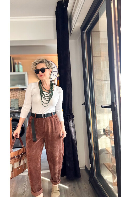 Luppo İtalyan Şönil Kemerli Havuç Pantolon Kahve