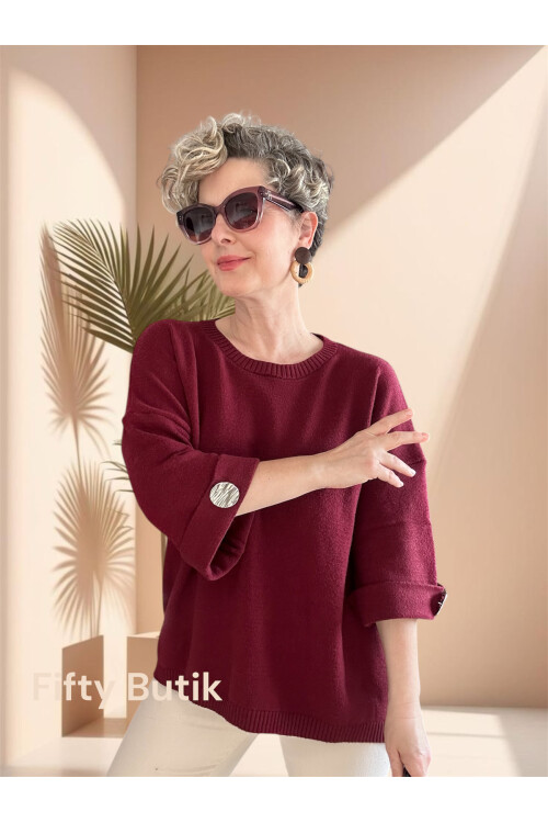 Macca Tasarım Düğme Detay Triko Bluz Bordo