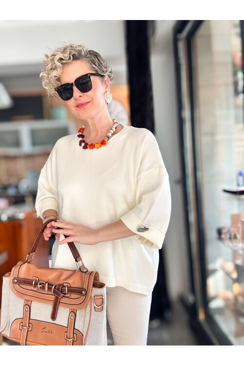 Macca Tasarım Düğme Detay Triko Bluz Ekru