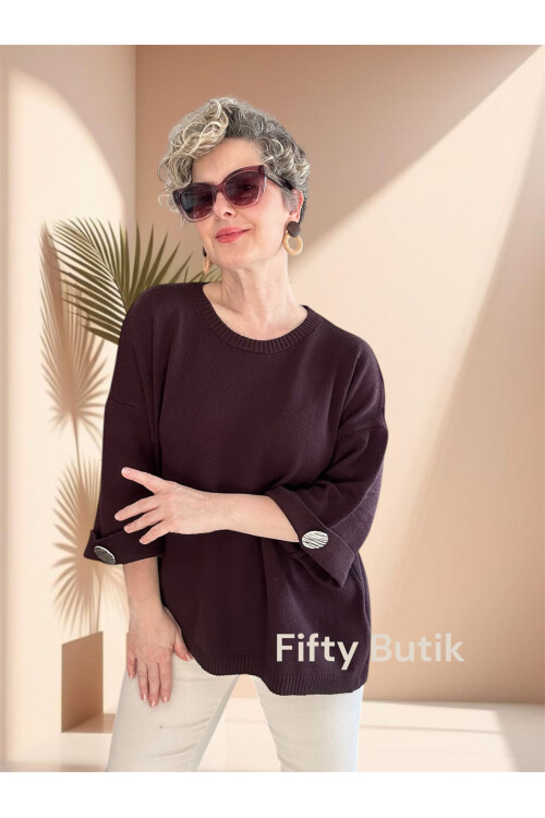 Macca Tasarım Düğme Detay Triko Bluz Kahverengi