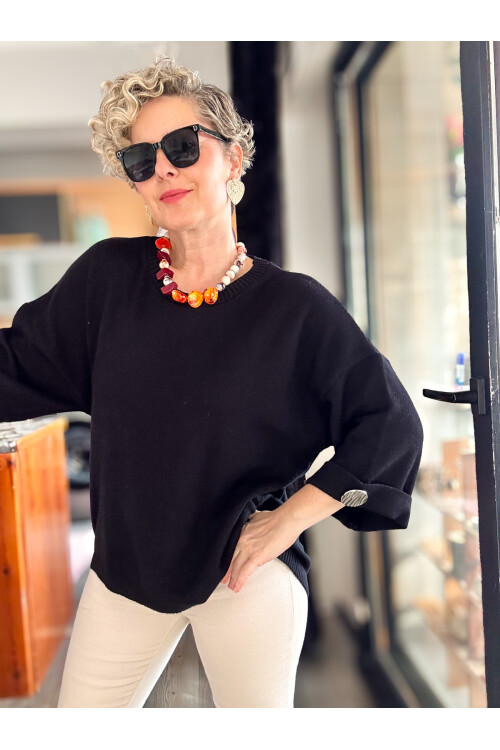 Macca Tasarım Düğme Detay Triko Bluz Siyah
