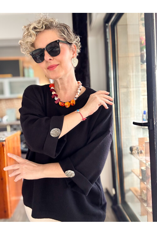 Macca Tasarım Düğme Detay Triko Bluz Siyah